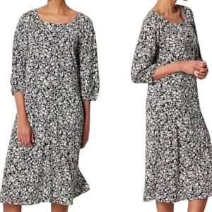 J.Jill White Floral Square Neck Black Button Down Midi Dress